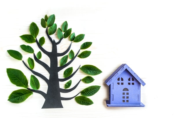 一棵美丽的幻想象征性的树和一个玩具屋。象征着和平和家庭。图片下载