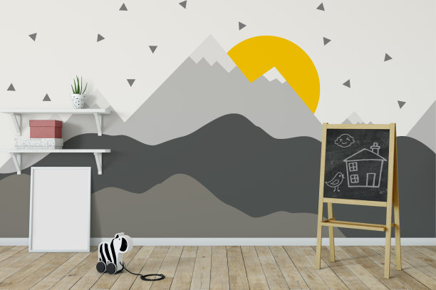 模拟墙在儿童房内部。室内北欧风格。3d渲染，3d插图图片下载