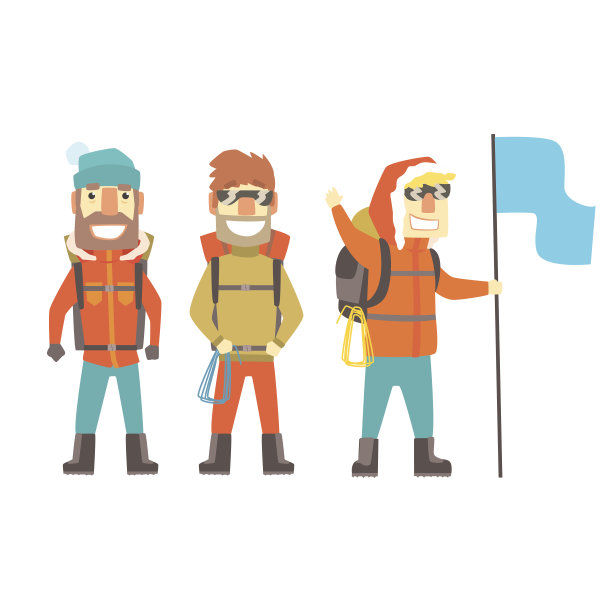 三位登山者用登山装备，彩色人物矢量插画图片下载