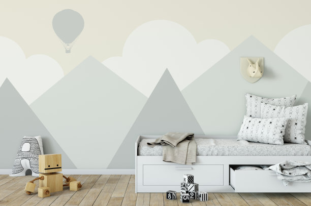 模拟墙在儿童房内部。室内北欧风格。3d渲染，3d插图图片下载