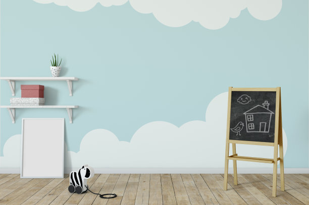 模拟墙在儿童房内部。室内北欧风格。3d渲染，3d插图图片下载