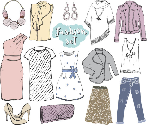 时尚系列涂鸦集。手绘草图矢量插图图片下载