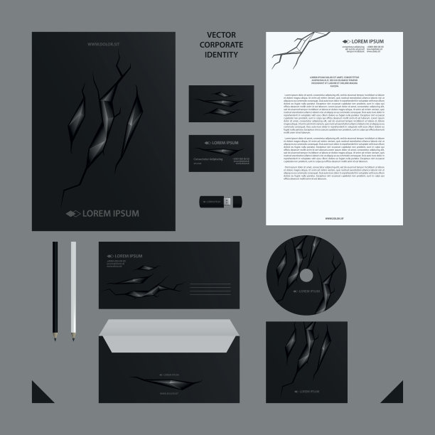 黑色企业身份设置与抽象多边形插图在裂纹背景。图片下载