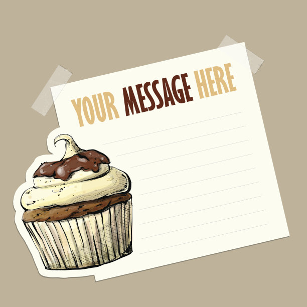 用胶带粘着美味纸杯蛋糕的留言卡。图片下载