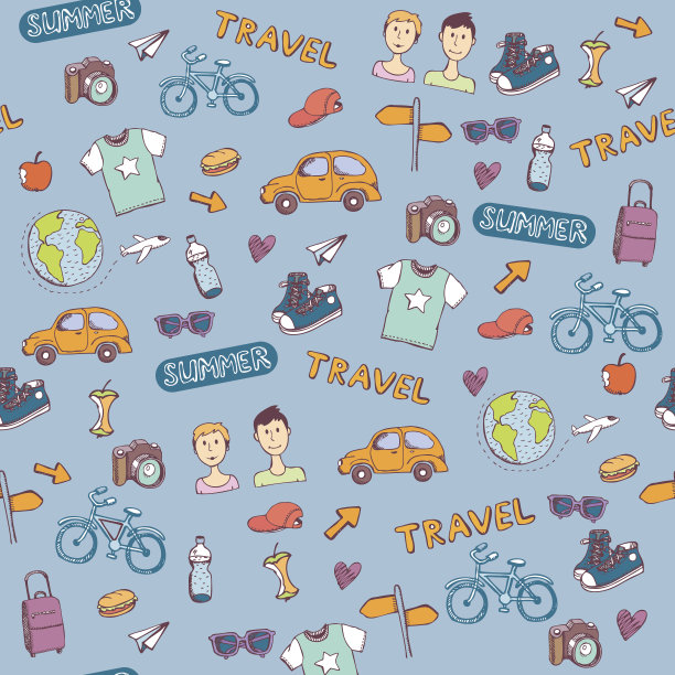 蓝色潮人旅行矢量手绘无缝模式图片下载