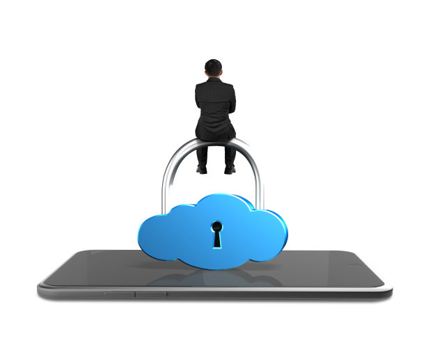 男人坐在云形状的锁与智能平板电脑图片下载