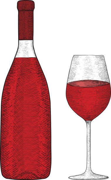一瓶红酒加玻璃杯。手绘草图图片下载