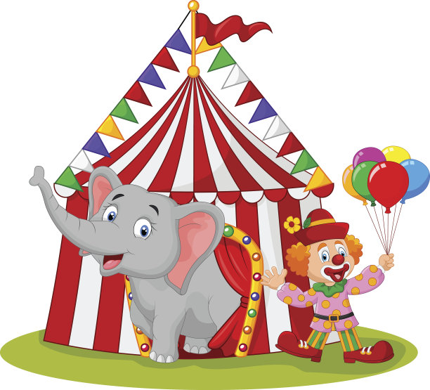 卡通可爱的大象和小丑与马戏团帐篷图片下载