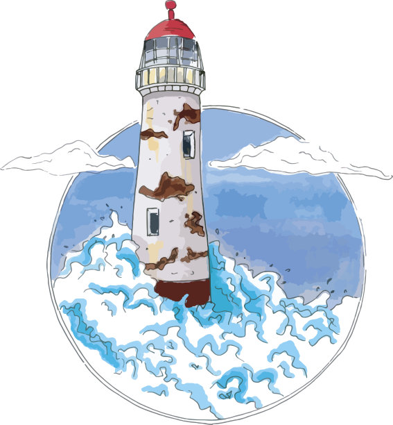 灯塔在蓝色的大海波浪，向量图片下载