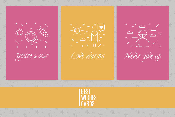 在线条艺术风格的三个矢量卡模板的集合。太阳，火箭，星星，甜甜圈和冰。图片下载