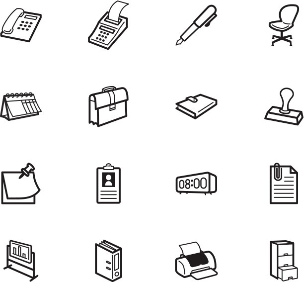 办公室元素向量黑色图标设置在白色背景图片下载
