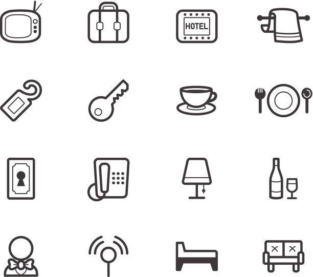 酒店元素向量黑色图标设置在白色背景图片下载