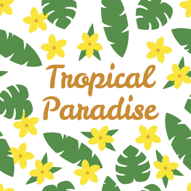 热带天堂卡片与花和叶在白色的背景。图片下载