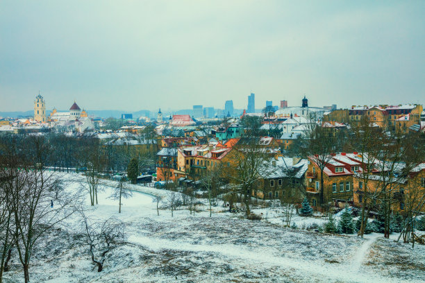 全景在暴风雪的维尔纽斯城市，立陶宛图片下载