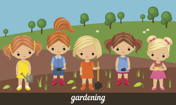 五个可爱的小女孩在一个菜园里当园丁图片下载
