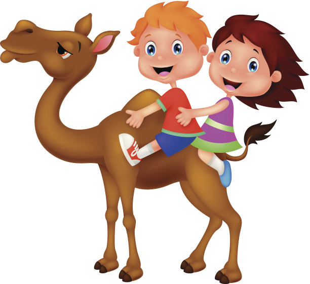 卡通男孩和女孩骑骆驼图片下载