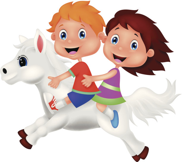 卡通男孩和女孩骑着一匹小马图片下载