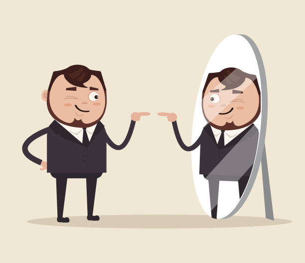 快乐微笑自恋的商人办公室职员性格看着镜子素材图片