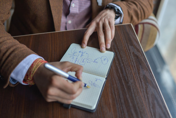 商人双手拿着笔写笔记本，放在木桌桌子的近处。商业计划的概念。图片下载