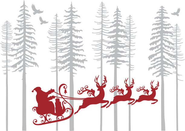 圣诞老人和他的驯鹿在冷杉林，向量图片下载