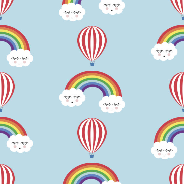 微笑的睡云，彩虹和热气球无缝图案图片下载