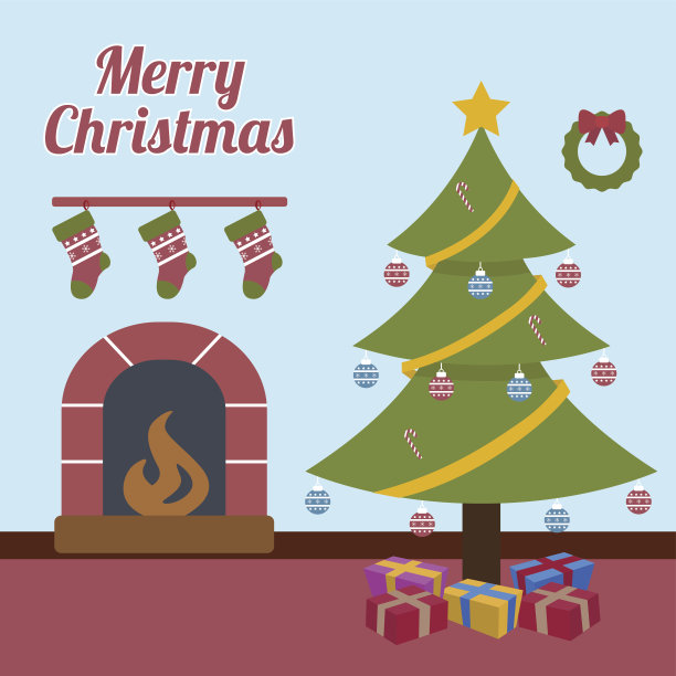 有圣诞树、壁炉、袜子、礼物和花环的圣诞卡图片下载