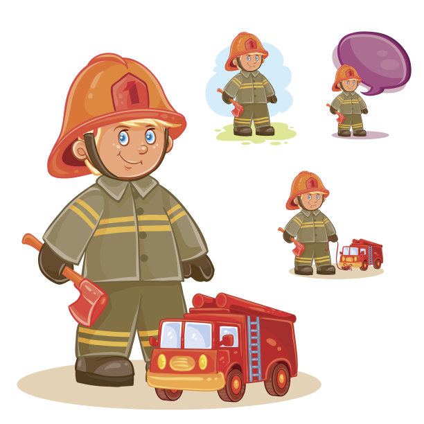 矢量图标的小孩消防员和他的机器上的一根线图片下载