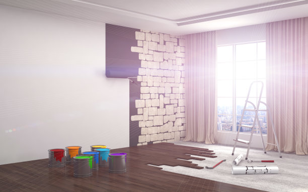 修理和粉刷房间的墙壁。3 d演示。图片下载