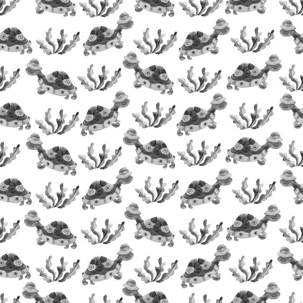 龟和植物无缝图案黑白两色图片下载