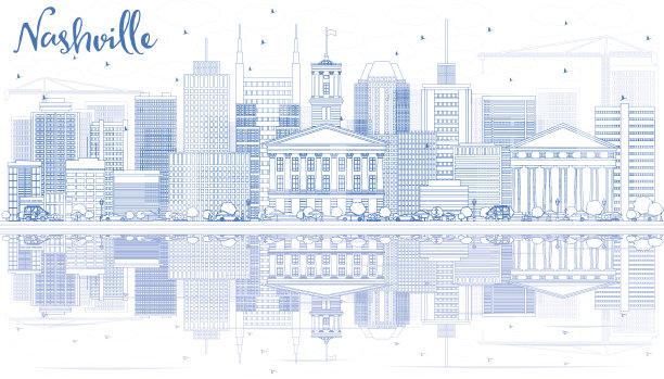 用蓝色的建筑和倒影勾勒纳什维尔的天际线。图片下载