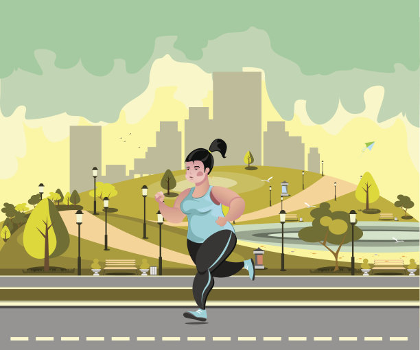 以城市为背景，在公园里慢跑的女人。图片下载