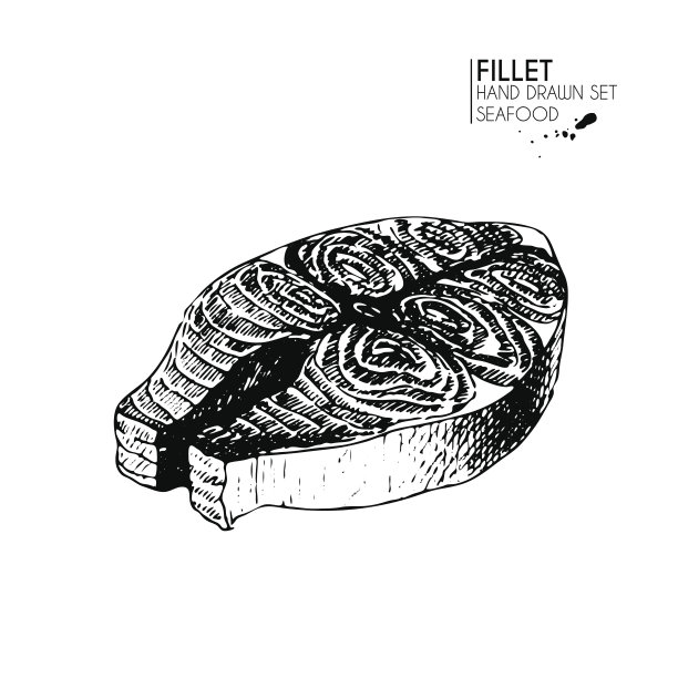 矢量手绘海产品图标集。孤立的鲑鱼牛排。雕刻艺术。美味的海产品菜单上画着实物。图片下载