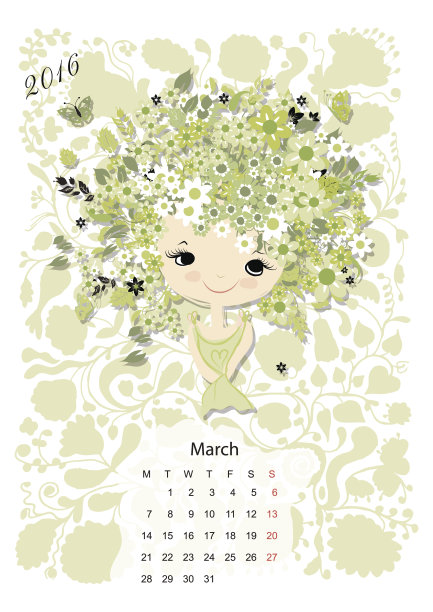 2016年日历,marchmonth。季节女孩设计图片下载