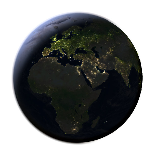 欧洲、中东和非洲地区在地球上的夜晚孤立的白色图片下载