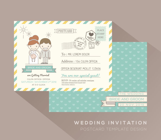 可爱的明信片婚礼卡片设计模板图片下载