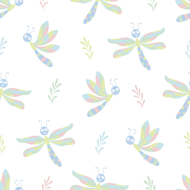 蜻蜓无缝图案上的白色背景素材图片