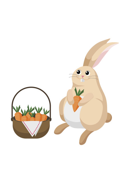 棕色小兔子带着装满胡萝卜的篮子。图片下载