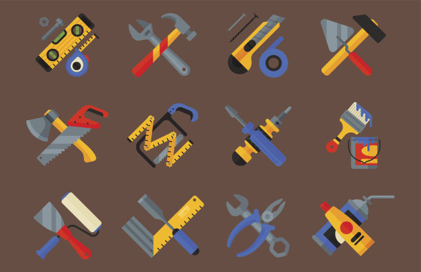 家庭修理工具图标工作建筑设备集和服务人员macter盒子扁平风格孤立在白色背景矢量插图图片下载