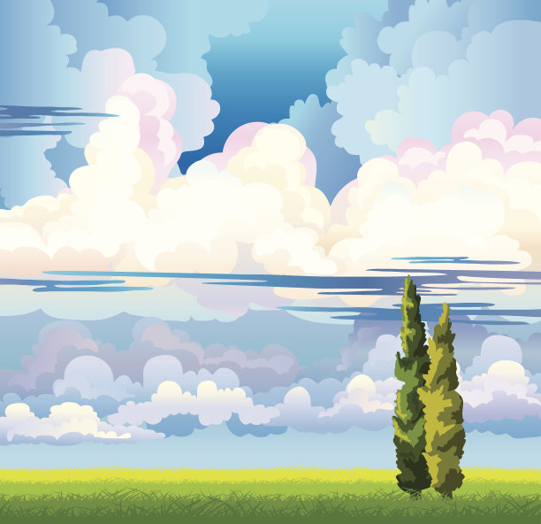 夏天的风景与云彩。两棵柏树和草地图片下载