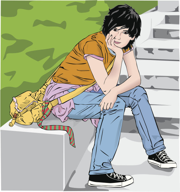 坐在楼梯上的女孩图片下载