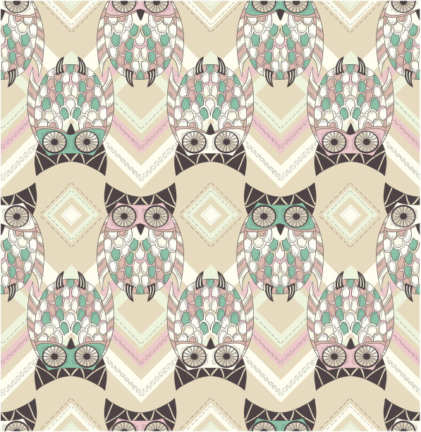 可爱的猫头鹰无缝模式与本地元素图片下载