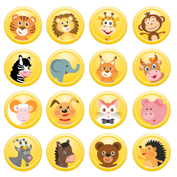 黄色圆圈里的一组动物图片下载