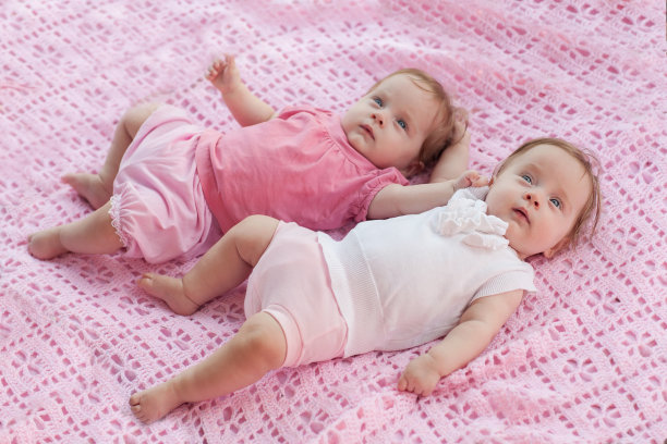 可爱的双胞胎躺在粉红色的毯子上。图片下载