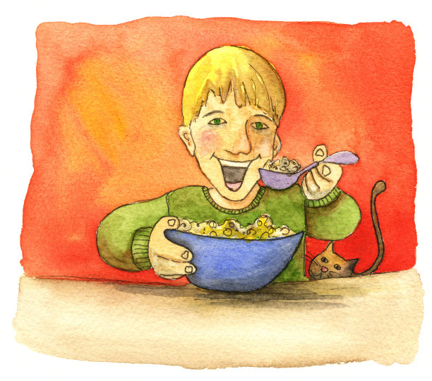 和猫一起吃麦片的男人图片下载