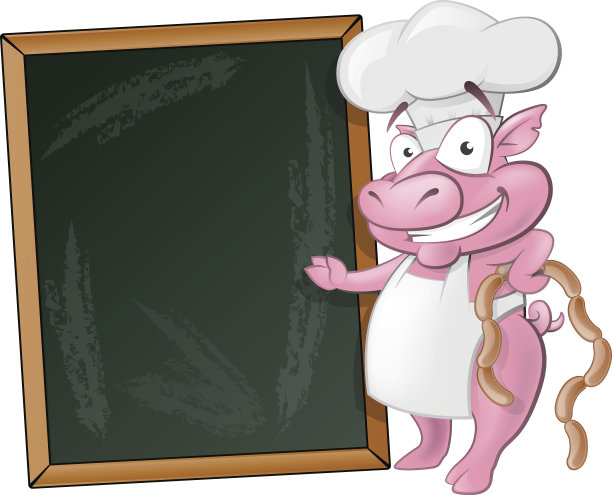可爱的猪厨师角色与粉笔板。图片下载