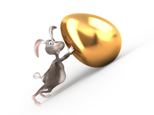 卡通复活节兔子抱着巨大的金蛋。图片下载