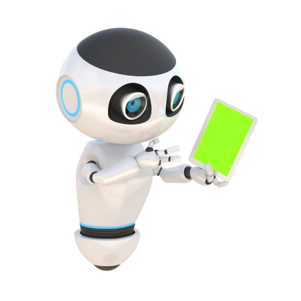 光滑可爱的白色机器人平板电脑绿色屏幕隔离图片下载