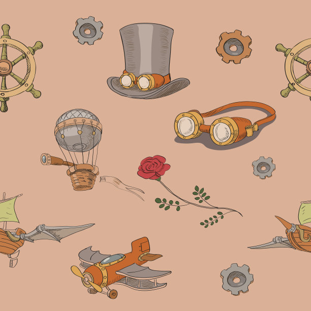 无缝图案蒸汽朋克与蒸汽朋克大礼帽和黄铜护目镜图片下载