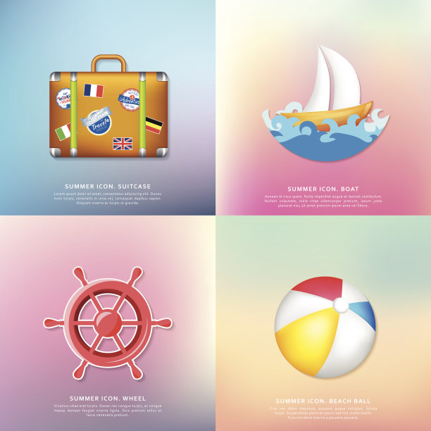 手提箱，波浪上的船，轮子和球。夏天的图标图片下载