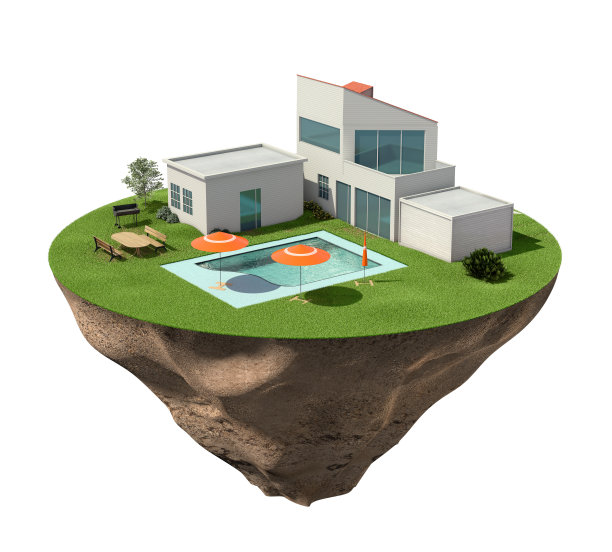 水上带游泳池的别墅。图片下载